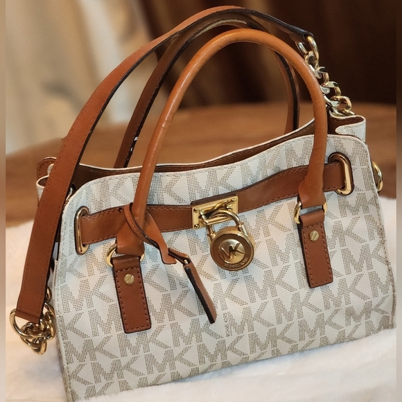 Michael Kors Hamilton Monogram Satchel With Lock & Key Purse, Beige - Picture 1 of 9